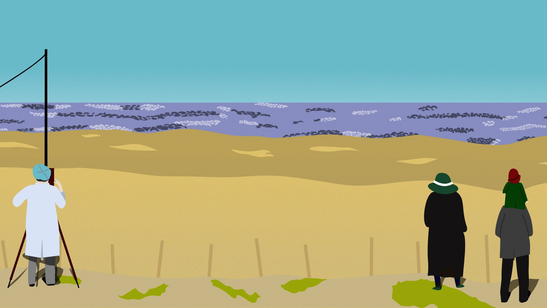 Animation showing the Blue Bird Land Speed Record Car diving across the image of Daytona Beach, Florida.