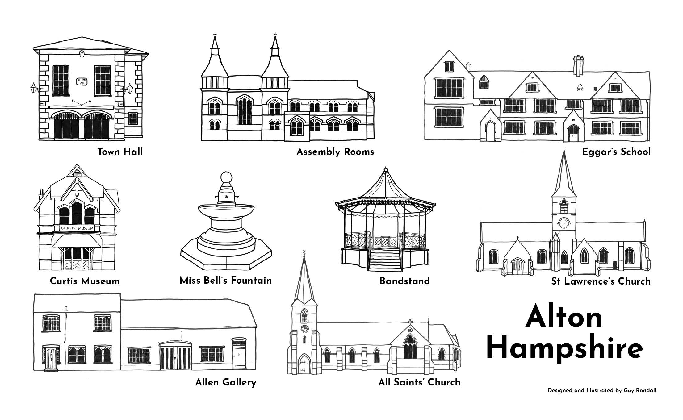 Final Layout before printing, where all the images are in black outline