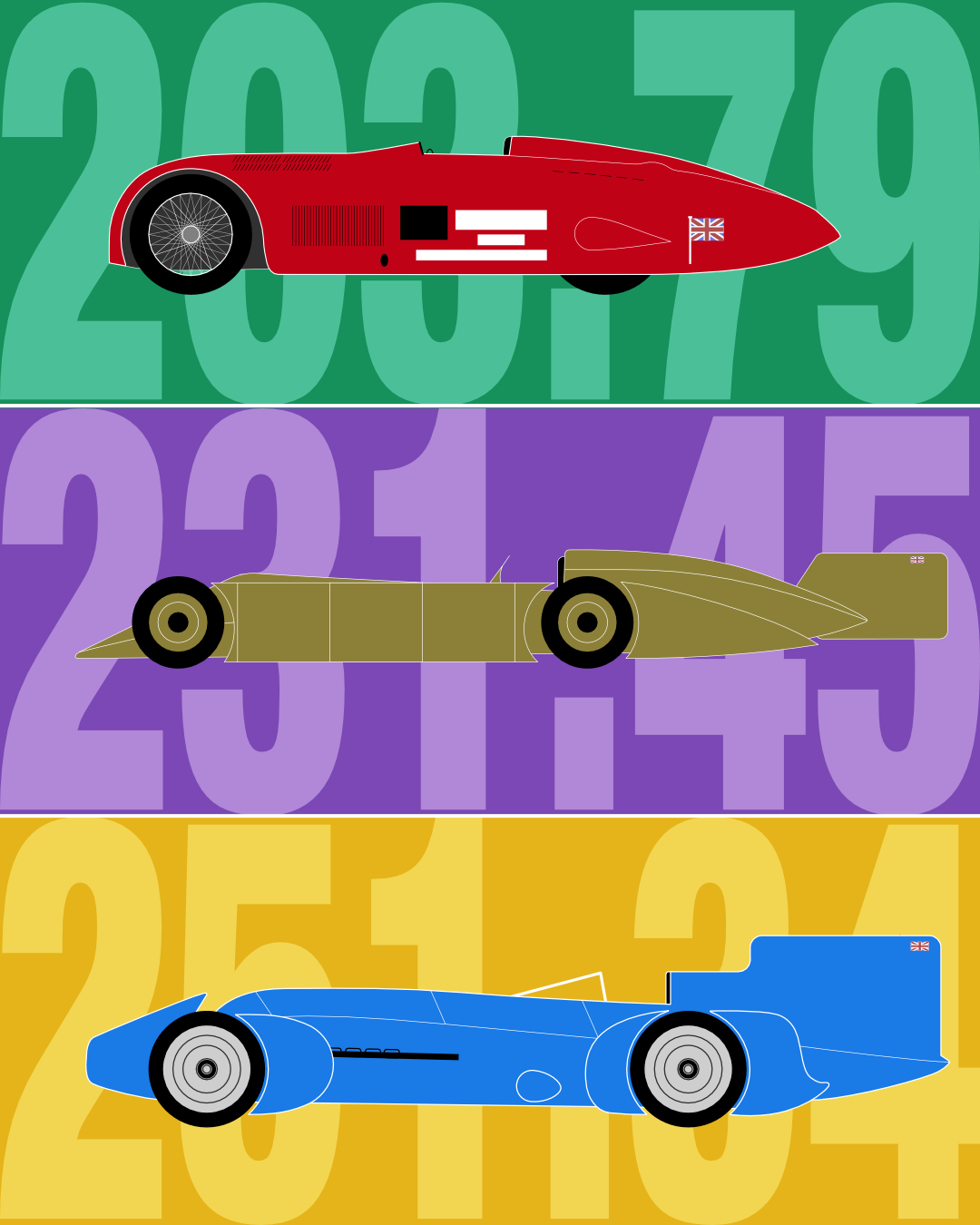 Vector Illustration of the three Land Speed Record Cars, 'The Slug' by Sunbeam, 'Golden Arrow' and 'Blue Bird'