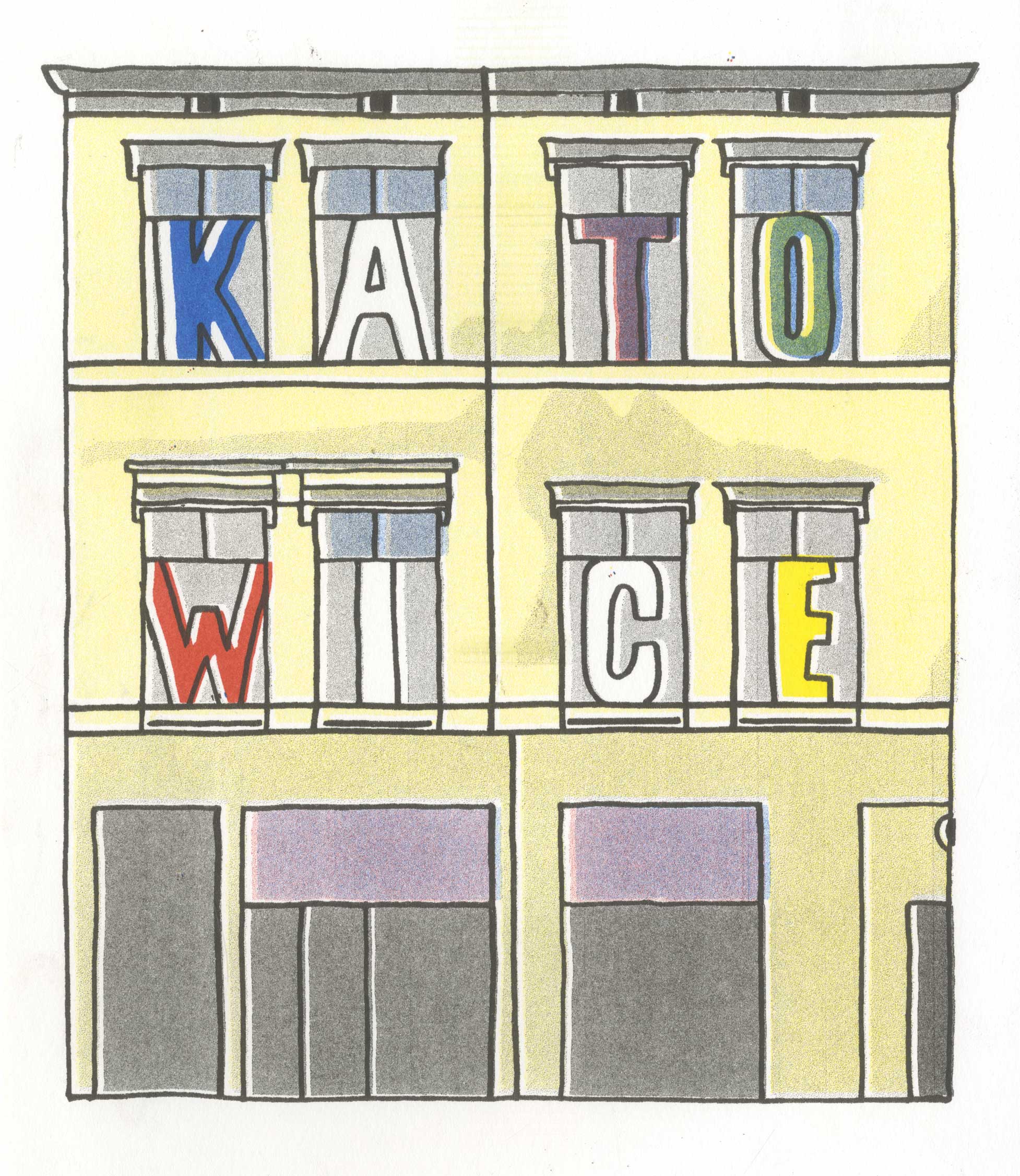 An illustration of a building with Katowice spelt out inside